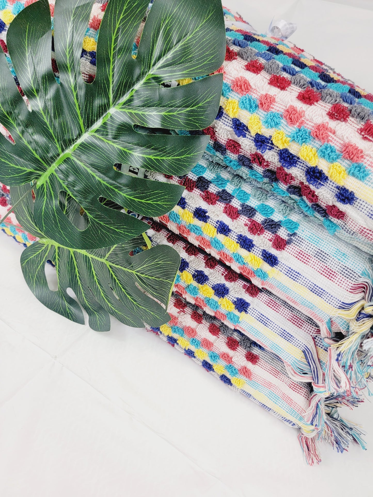 Bath Towels, Organic Turkish Cotton Pom Pom Towels in Red Multicolor