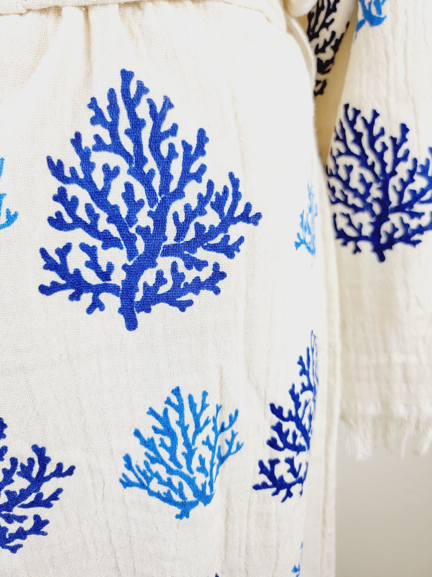 Muslin Kimono Robe, Soft and Cozy, Organic Cotton Muslin Kaftan Blue Reef Motif