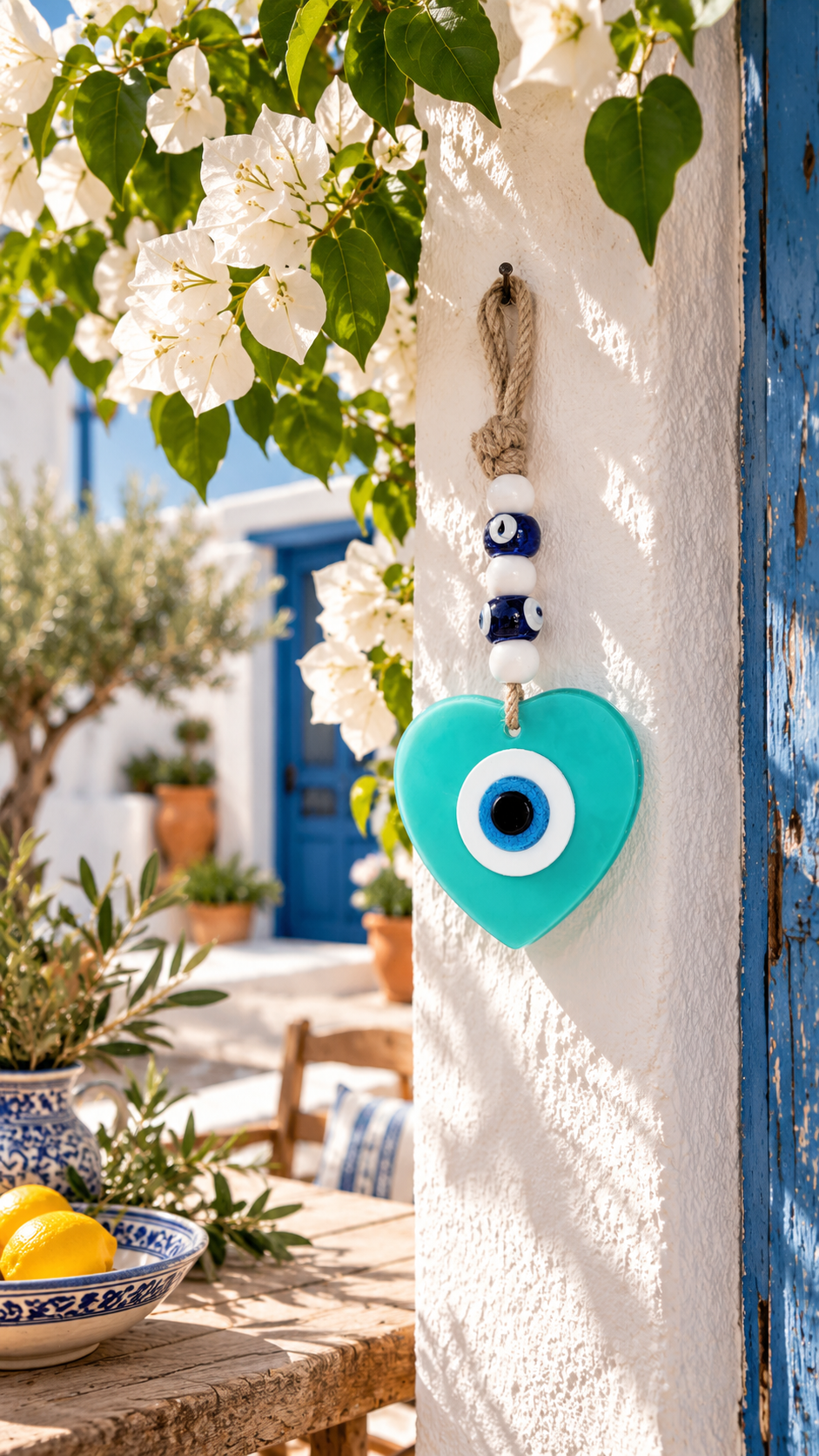 Handmade Glass Evil Eye Wall Hanging Blue Heart Nazar Decor