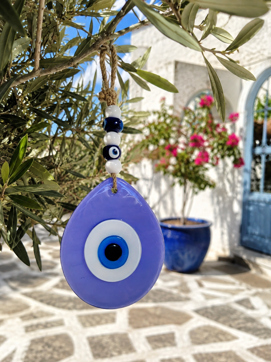 Jumbo Size Hand Blown Glass Evil Eye Wall Hanging with Beads