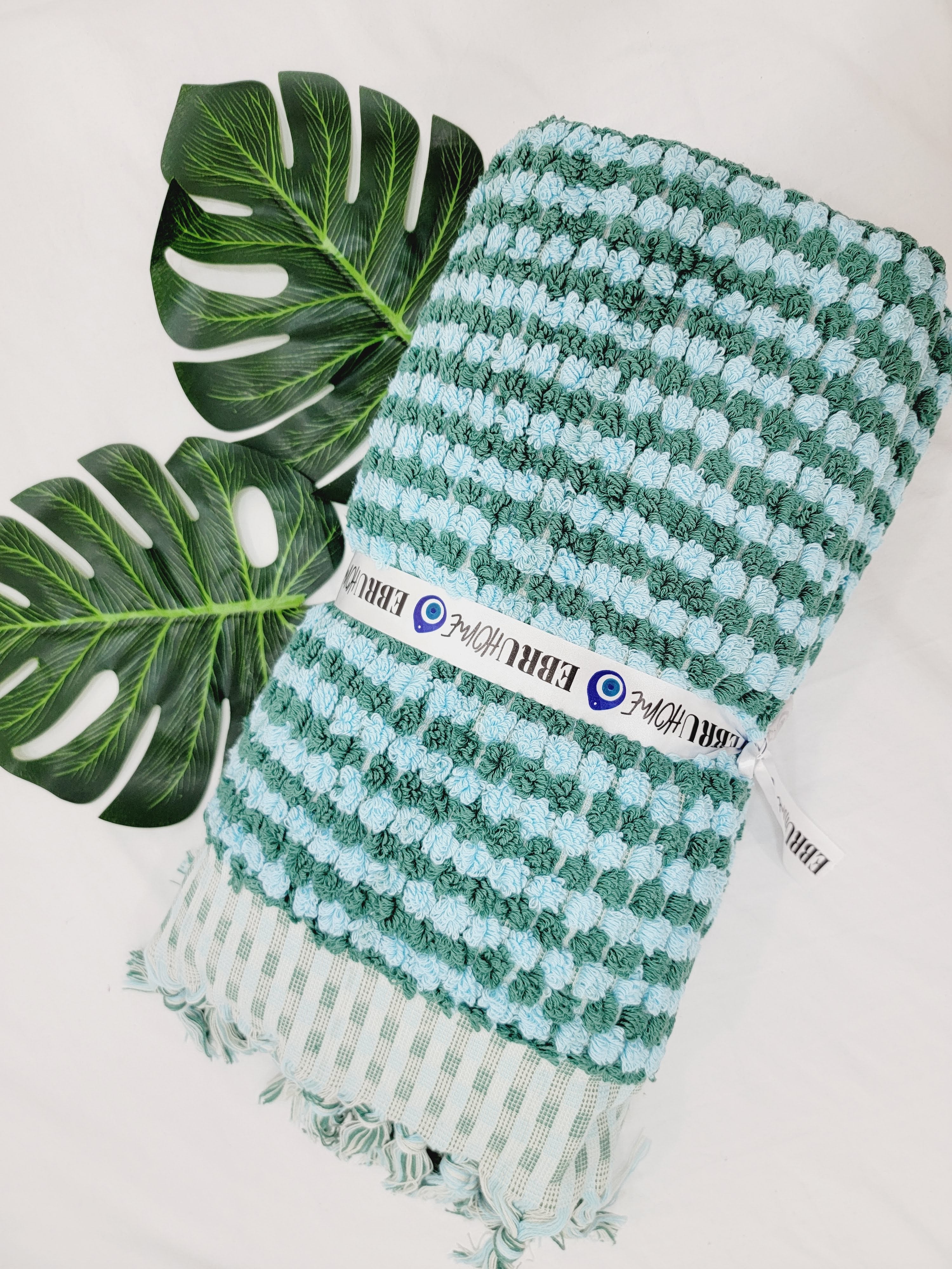 Blue Pom Pom Bath Towel - 100% Cotton Terry Bath Sheet | EBRU Home