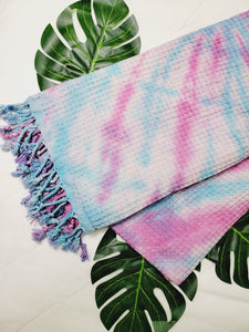 Bath Towel, Waffle Towel, Turkish Beach Towel, Handmade Tie dye Blue/Pink