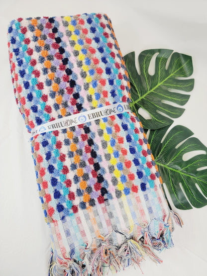 Bath Towels, Organic Turkish Cotton Pom Pom Towels in Orange Multicolor