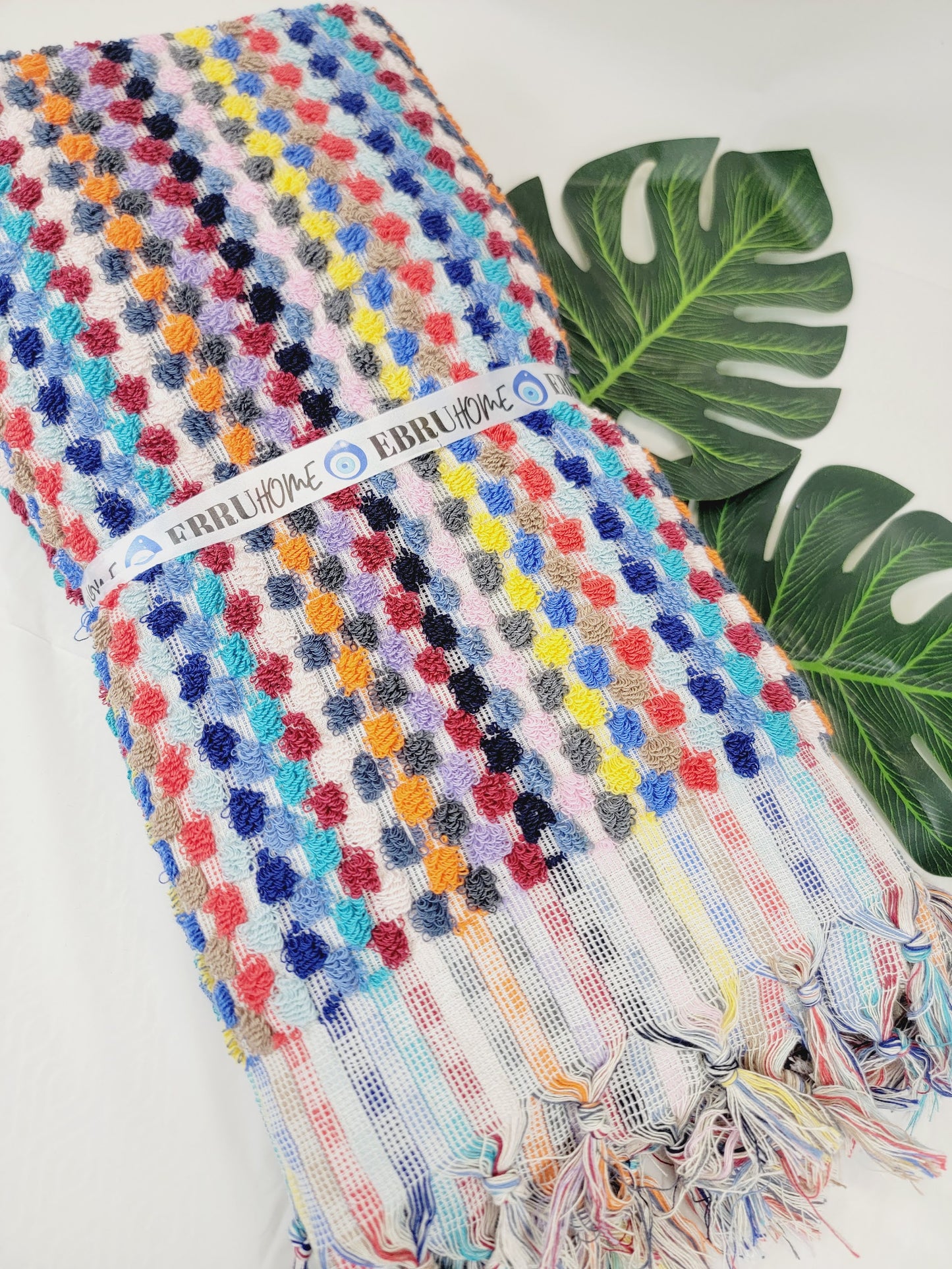 Bath Towels, Organic Turkish Cotton Pom Pom Towels in Orange Multicolor