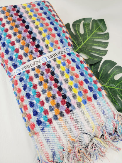 Bath Towels, Organic Turkish Cotton Pom Pom Towels in Orange Multicolor