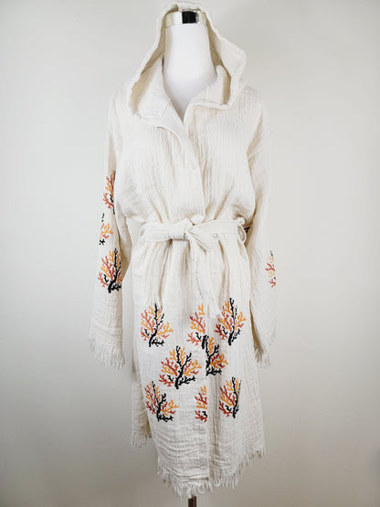 Muslin Kimono Robe, Soft and Cozy, Organic Cotton Muslin Kaftan  Reef Motif