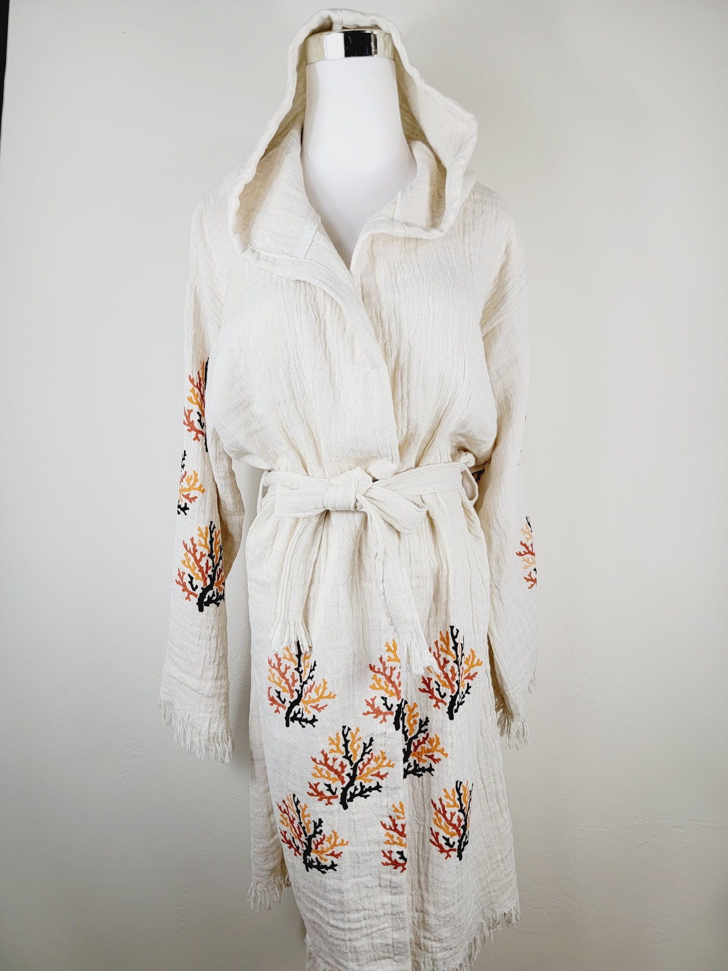 Muslin Kimono Robe, Soft and Cozy, Organic Cotton Muslin Kaftan  Reef Motif
