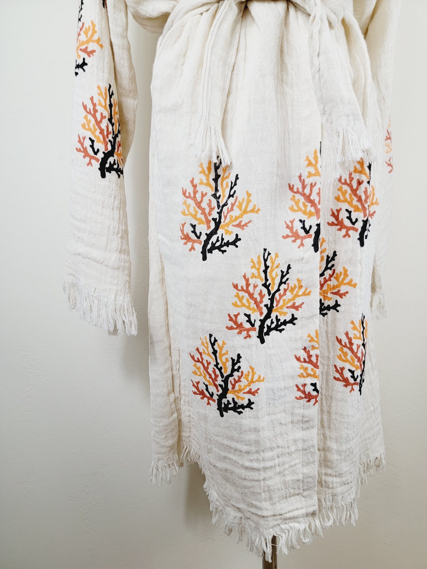 Muslin Kimono Robe, Soft and Cozy, Organic Cotton Muslin Kaftan  Reef Motif