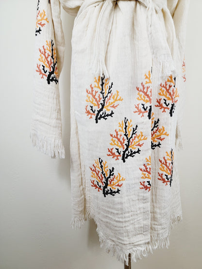 Muslin Kimono Robe, Soft and Cozy, Organic Cotton Muslin Kaftan  Reef Motif