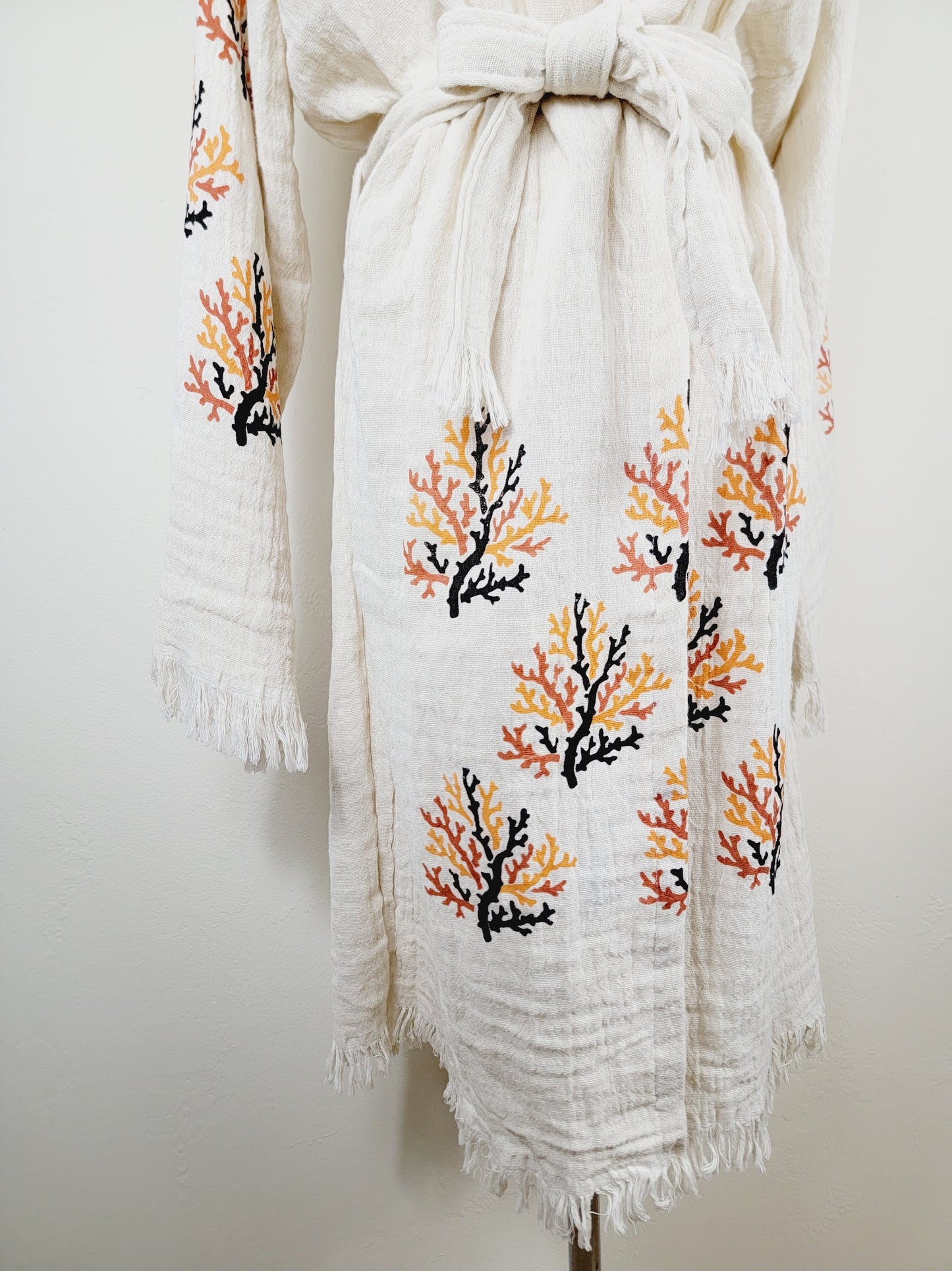 Muslin Kimono Robe, Soft and Cozy, Organic Cotton Muslin Kaftan  Reef Motif