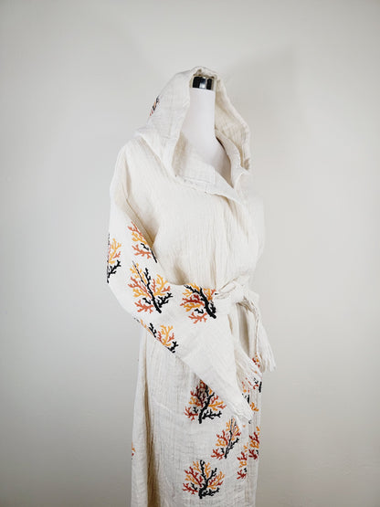 Muslin Kimono Robe, Soft and Cozy, Organic Cotton Muslin Kaftan  Reef Motif
