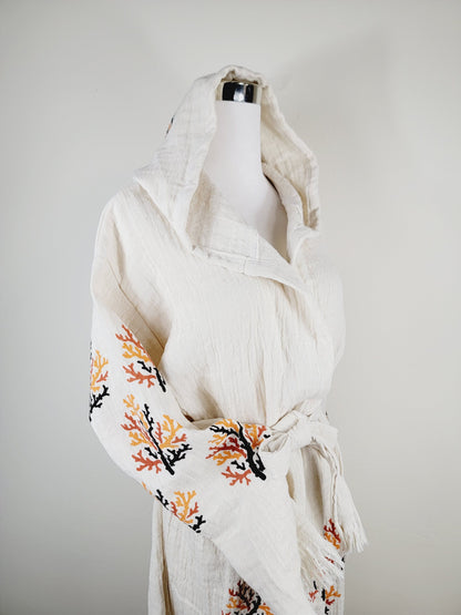 Muslin Kimono Robe, Soft and Cozy, Organic Cotton Muslin Kaftan  Reef Motif
