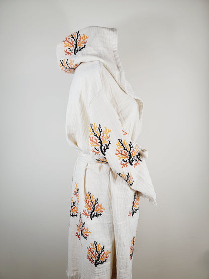 Muslin Kimono Robe, Soft and Cozy, Organic Cotton Muslin Kaftan  Reef Motif