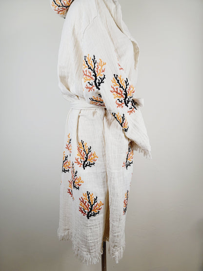 Muslin Kimono Robe, Soft and Cozy, Organic Cotton Muslin Kaftan  Reef Motif