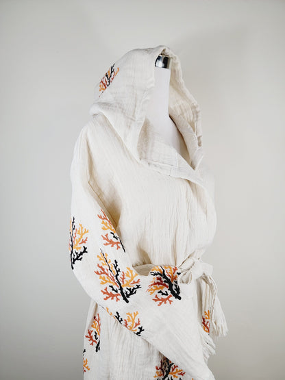 Muslin Kimono Robe, Soft and Cozy, Organic Cotton Muslin Kaftan  Reef Motif