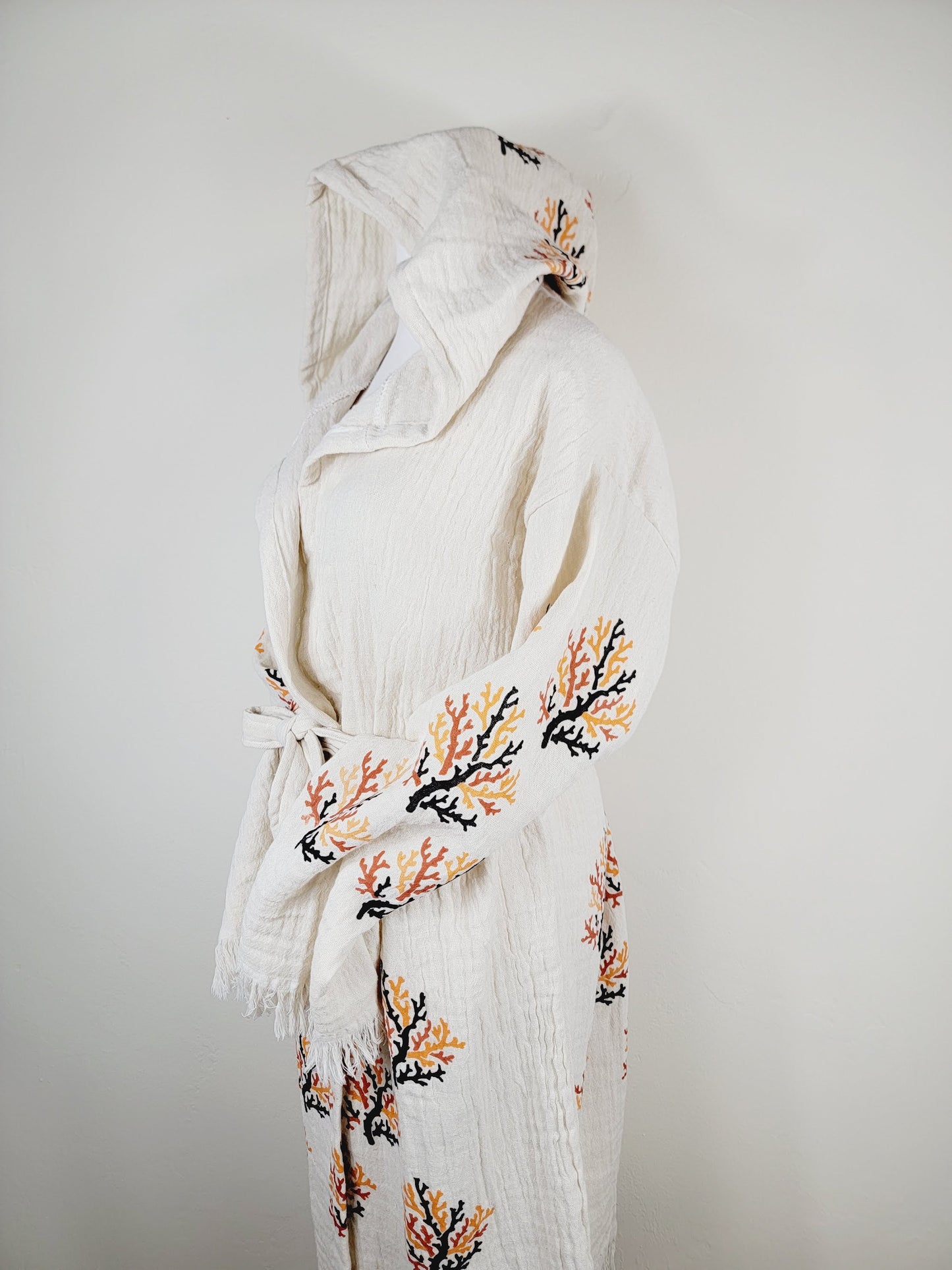 Muslin Kimono Robe, Soft and Cozy, Organic Cotton Muslin Kaftan  Reef Motif