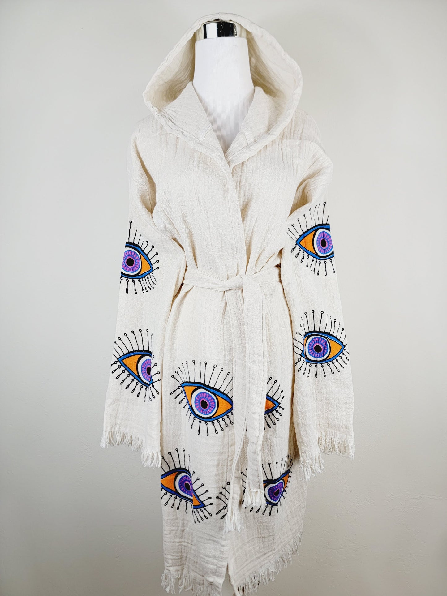 Muslin Kimono Robe, Soft and Cozy, Organic Cotton Muslin Kaftan, Evil Eye Motif