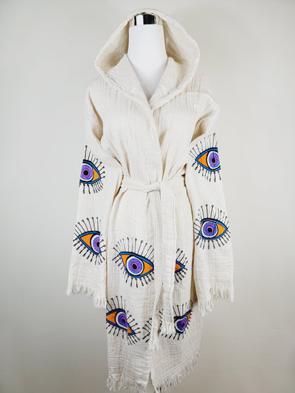 Muslin Kimono Robe, Soft and Cozy, Organic Cotton Muslin Kaftan, Evil Eye Motif