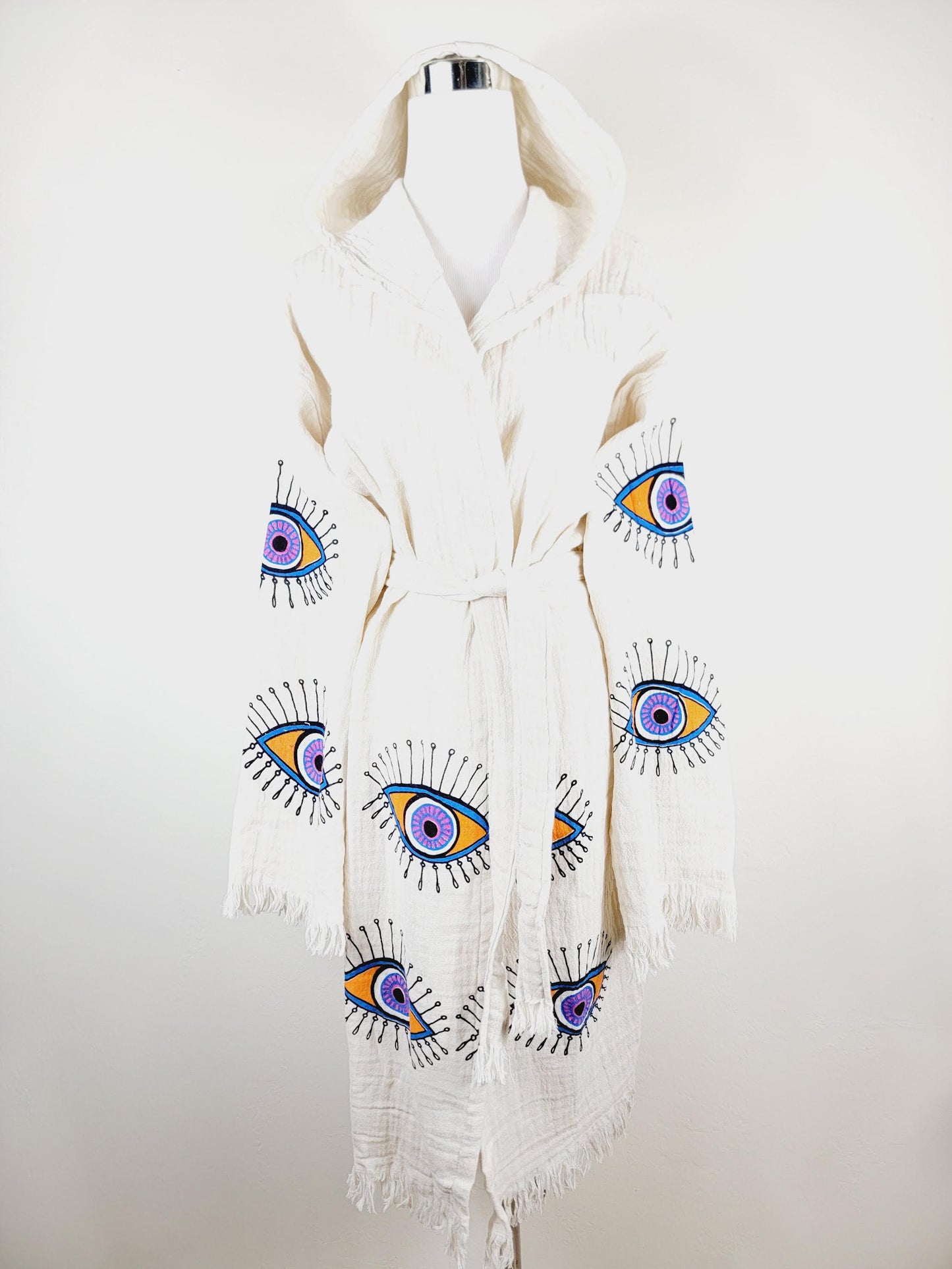 Muslin Kimono Robe, Soft and Cozy, Organic Cotton Muslin Kaftan, Evil Eye Motif