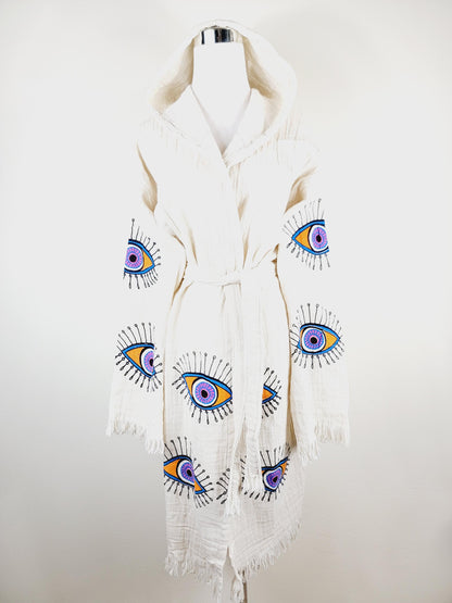 Muslin Kimono Robe, Soft and Cozy, Organic Cotton Muslin Kaftan, Evil Eye Motif