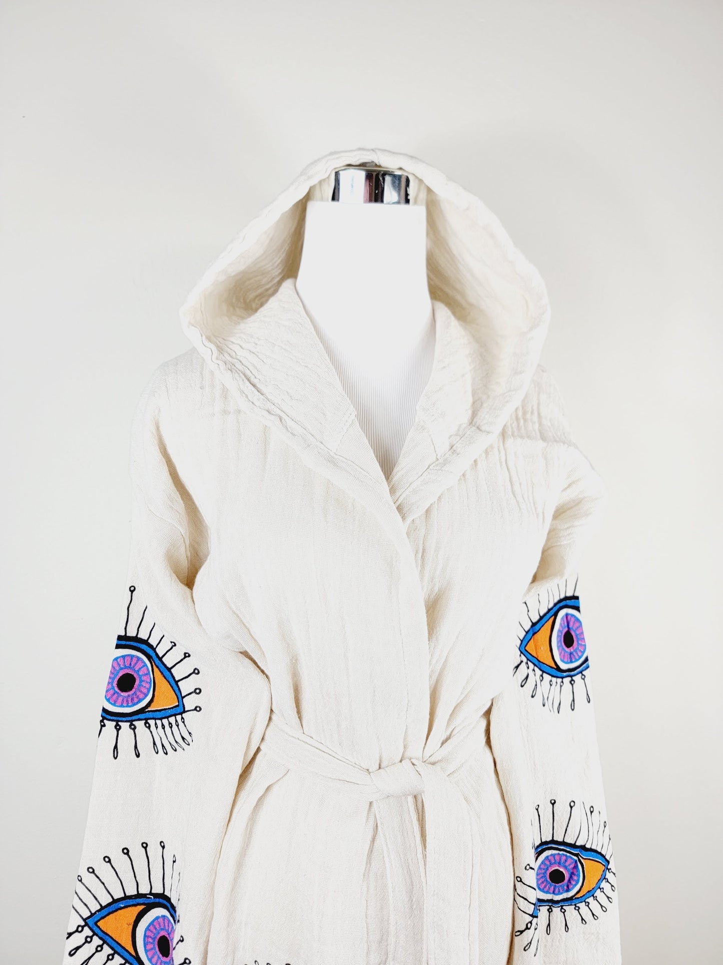 Muslin Kimono Robe, Soft and Cozy, Organic Cotton Muslin Kaftan, Evil Eye Motif