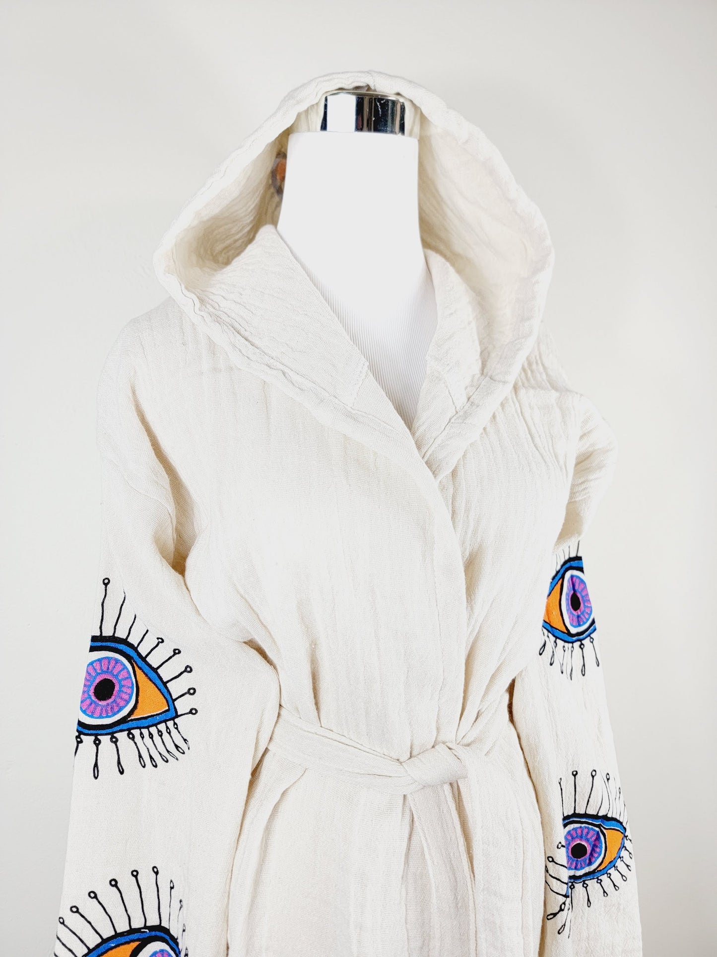 Muslin Kimono Robe, Soft and Cozy, Organic Cotton Muslin Kaftan, Evil Eye Motif