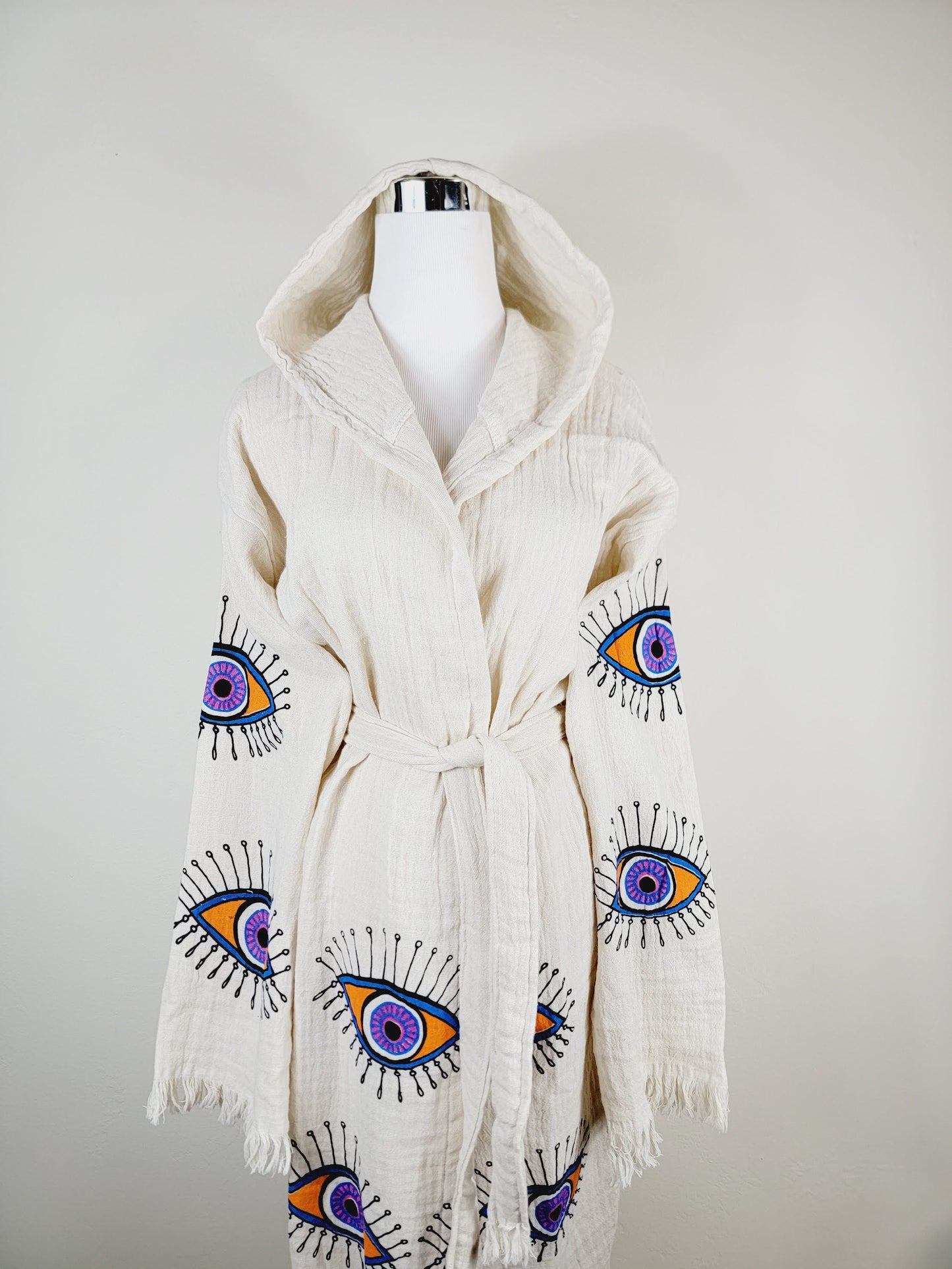 Muslin Kimono Robe, Soft and Cozy, Organic Cotton Muslin Kaftan, Evil Eye Motif