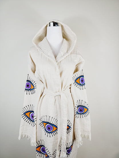Muslin Kimono Robe, Soft and Cozy, Organic Cotton Muslin Kaftan, Evil Eye Motif