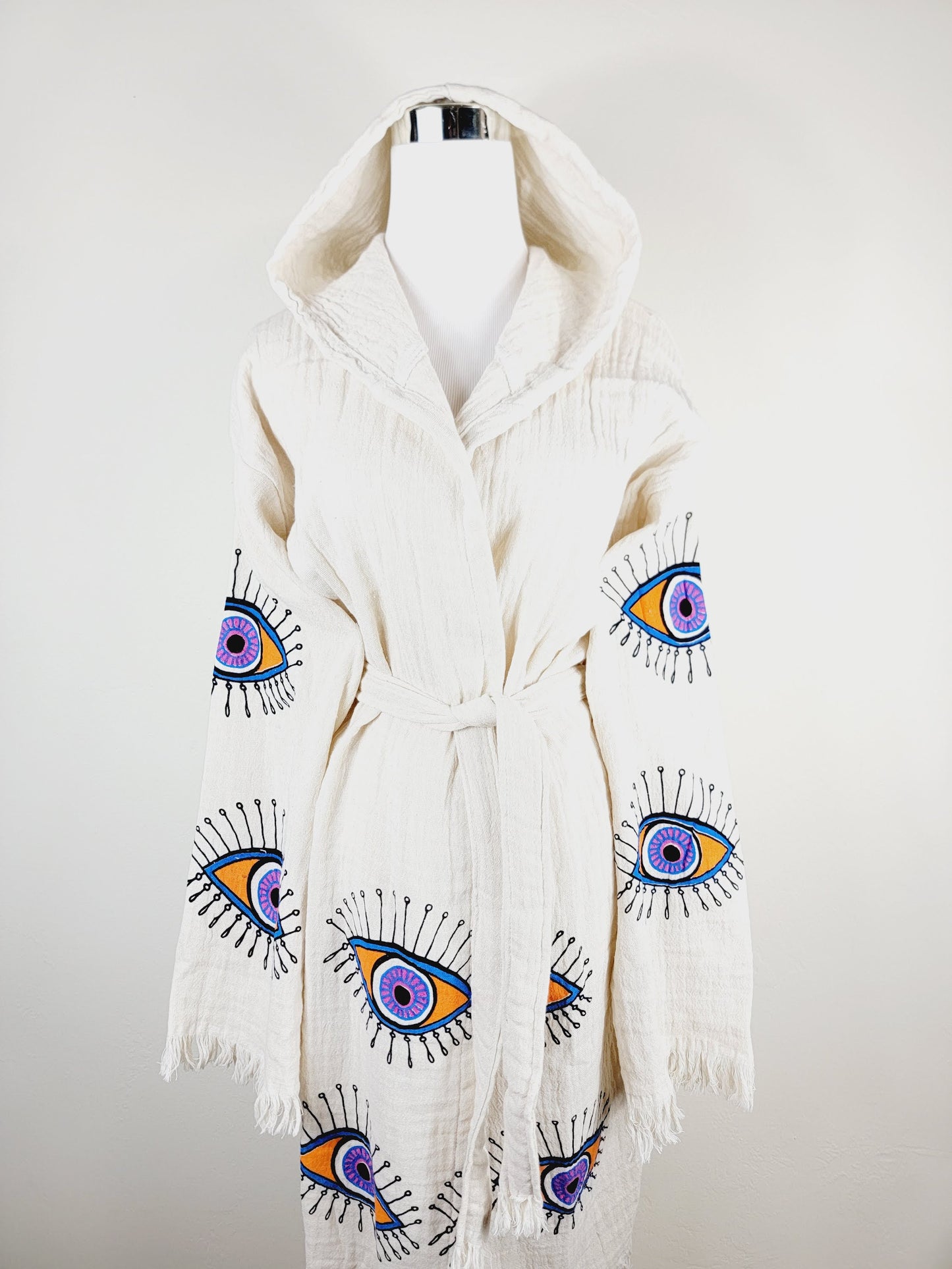 Muslin Kimono Robe, Soft and Cozy, Organic Cotton Muslin Kaftan, Evil Eye Motif