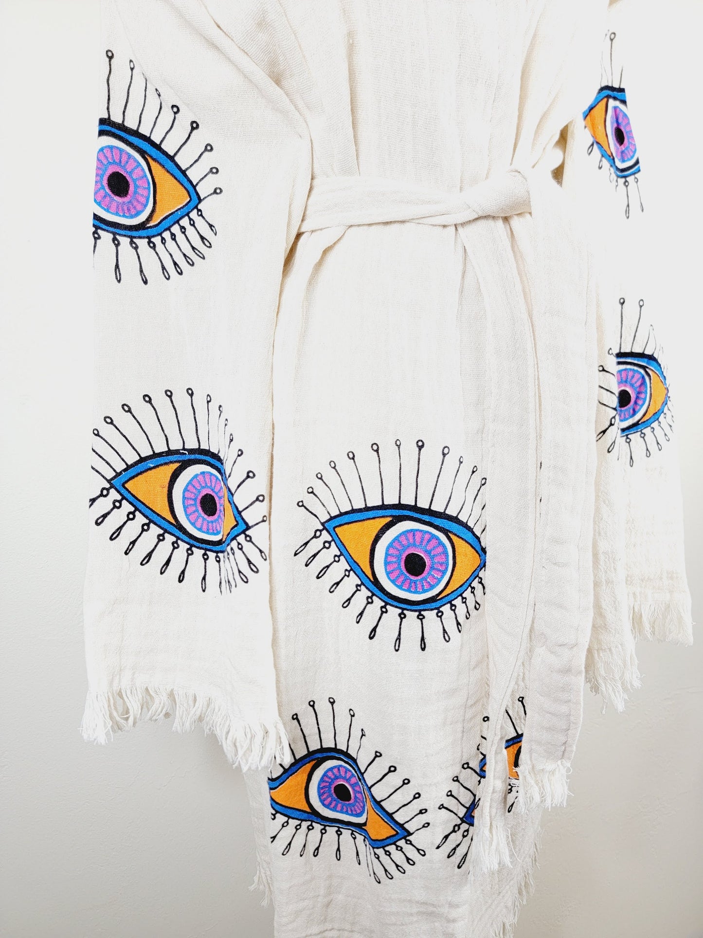 Muslin Kimono Robe, Soft and Cozy, Organic Cotton Muslin Kaftan, Evil Eye Motif