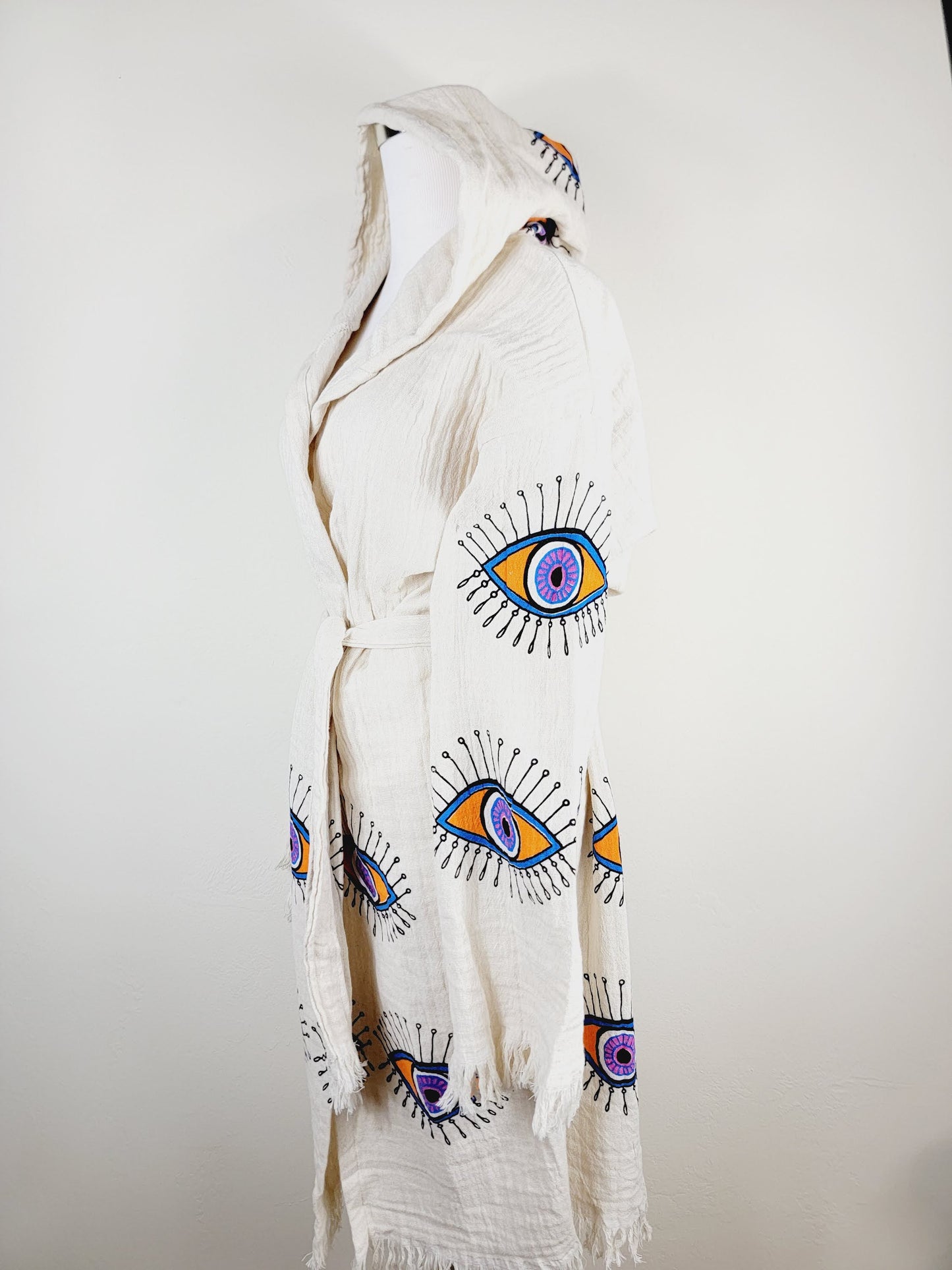 Muslin Kimono Robe, Soft and Cozy, Organic Cotton Muslin Kaftan, Evil Eye Motif