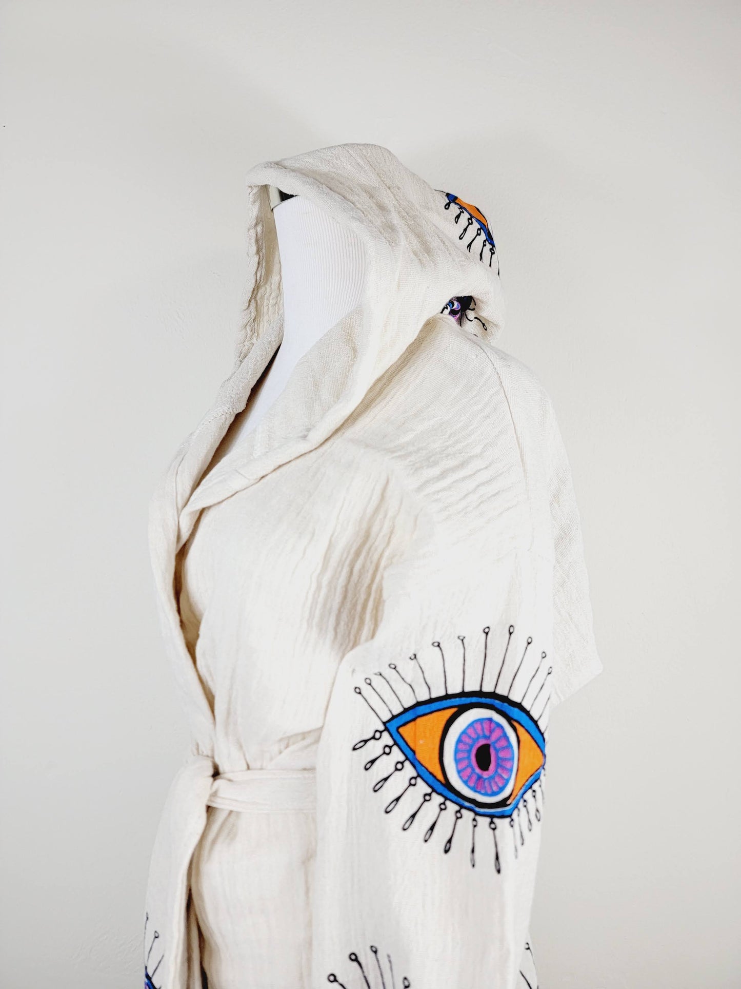 Muslin Kimono Robe, Soft and Cozy, Organic Cotton Muslin Kaftan, Evil Eye Motif