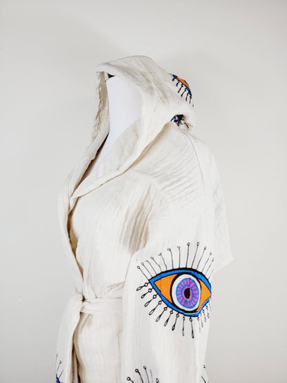 Muslin Kimono Robe, Soft and Cozy, Organic Cotton Muslin Kaftan, Evil Eye Motif