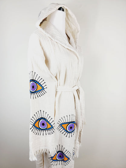 Muslin Kimono Robe, Soft and Cozy, Organic Cotton Muslin Kaftan, Evil Eye Motif