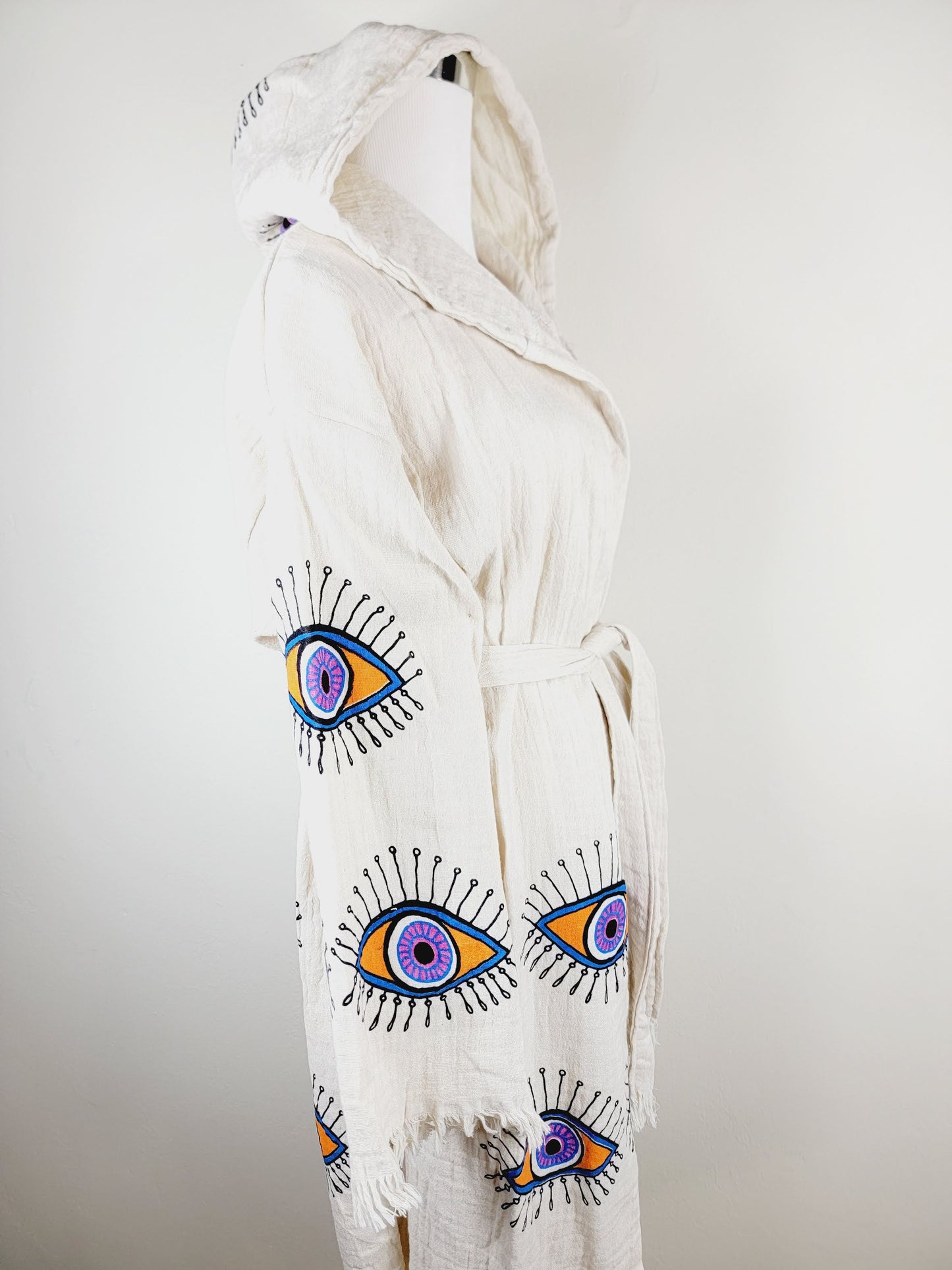 Muslin Kimono Robe, Soft and Cozy, Organic Cotton Muslin Kaftan, Evil Eye Motif