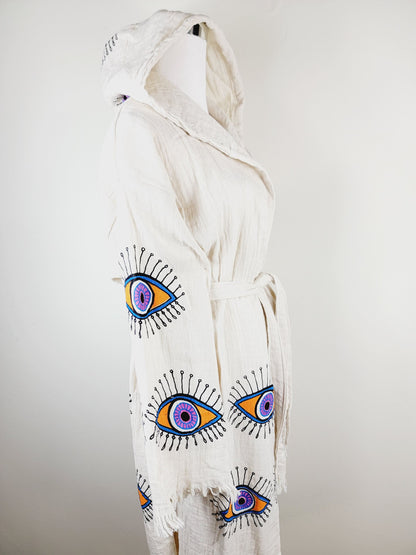 Muslin Kimono Robe, Soft and Cozy, Organic Cotton Muslin Kaftan, Evil Eye Motif