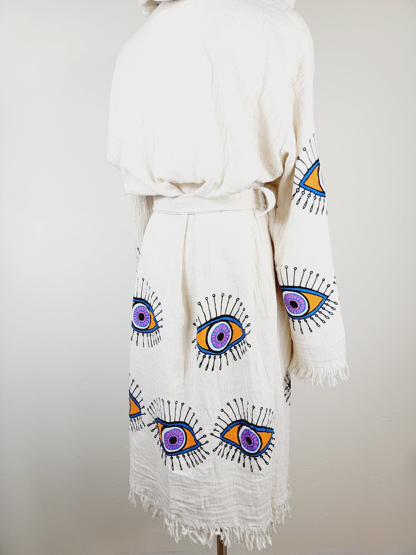Muslin Kimono Robe, Soft and Cozy, Organic Cotton Muslin Kaftan, Evil Eye Motif