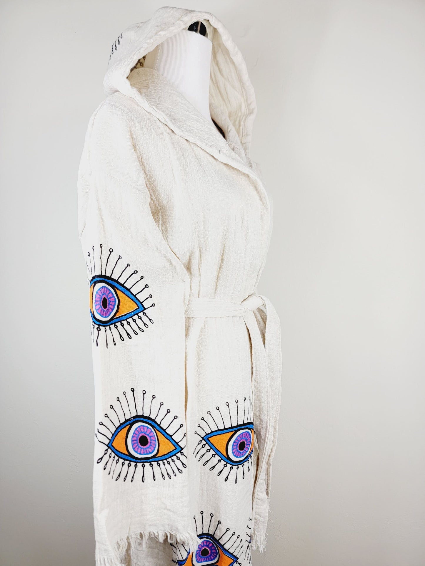 Muslin Kimono Robe, Soft and Cozy, Organic Cotton Muslin Kaftan, Evil Eye Motif