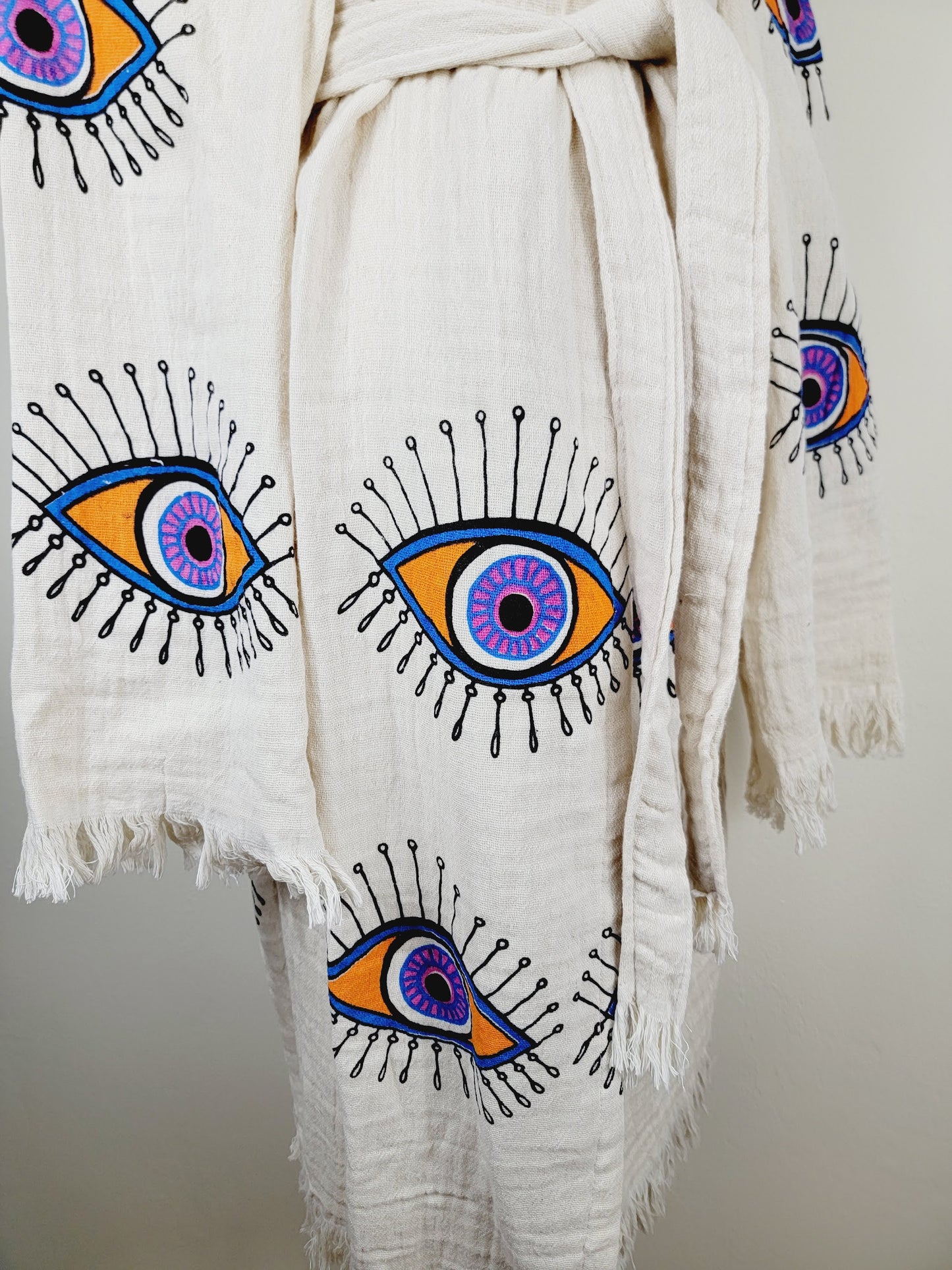 Muslin Kimono Robe, Soft and Cozy, Organic Cotton Muslin Kaftan, Evil Eye Motif