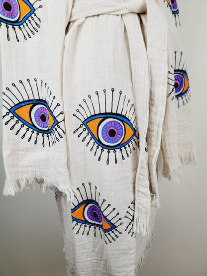 Muslin Kimono Robe, Soft and Cozy, Organic Cotton Muslin Kaftan, Evil Eye Motif
