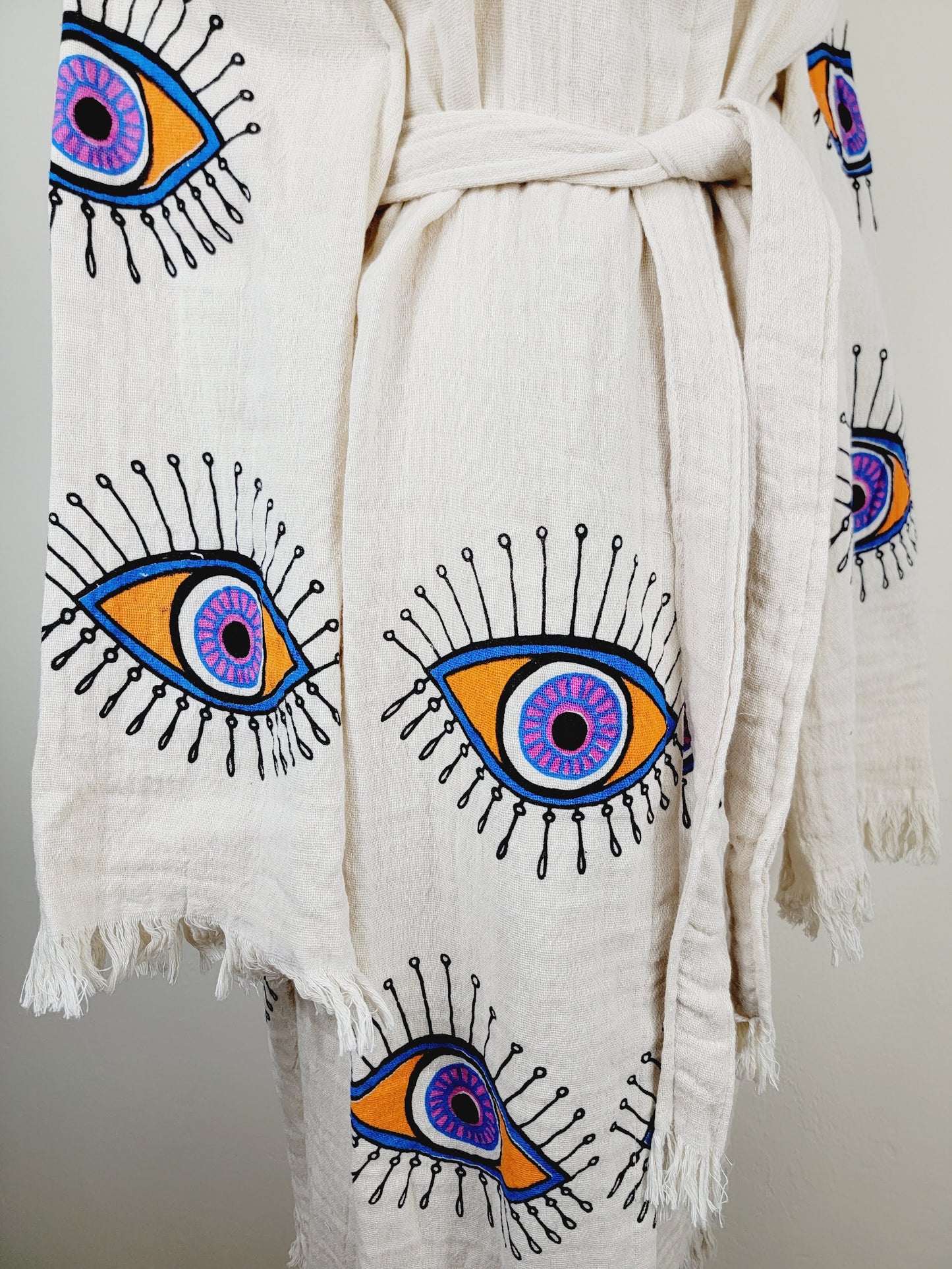 Muslin Kimono Robe, Soft and Cozy, Organic Cotton Muslin Kaftan, Evil Eye Motif