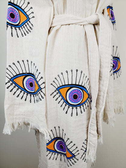 Muslin Kimono Robe, Soft and Cozy, Organic Cotton Muslin Kaftan, Evil Eye Motif