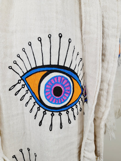Muslin Kimono Robe, Soft and Cozy, Organic Cotton Muslin Kaftan, Evil Eye Motif