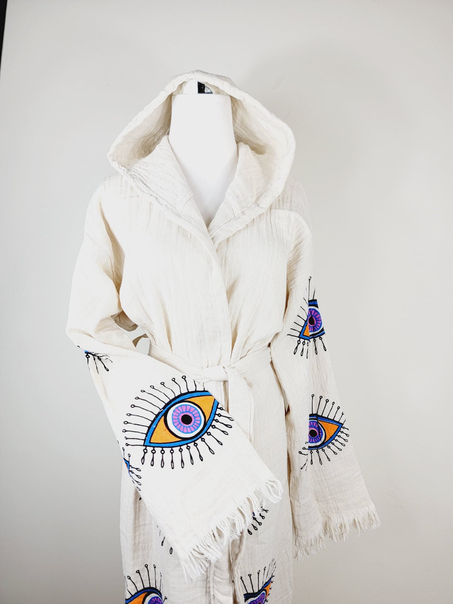 Muslin Kimono Robe, Soft and Cozy, Organic Cotton Muslin Kaftan, Evil Eye Motif