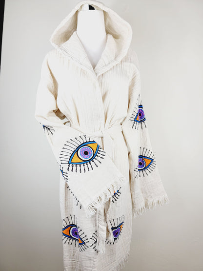 Muslin Kimono Robe, Soft and Cozy, Organic Cotton Muslin Kaftan, Evil Eye Motif