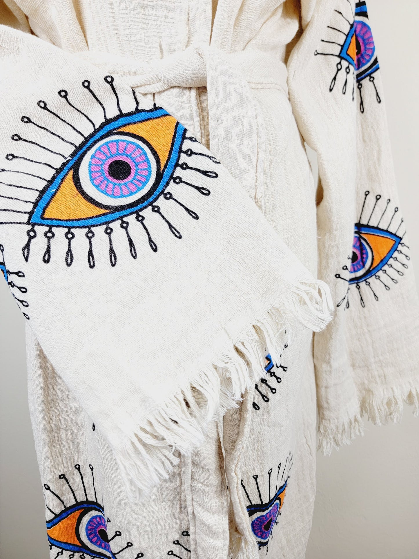 Muslin Kimono Robe, Soft and Cozy, Organic Cotton Muslin Kaftan, Evil Eye Motif