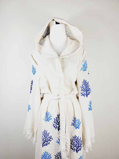 Muslin Kimono Robe, Soft and Cozy, Organic Cotton Muslin Kaftan Blue Reef Motif