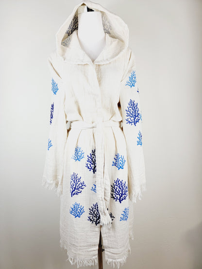 Muslin Kimono Robe, Soft and Cozy, Organic Cotton Muslin Kaftan Blue Reef Motif