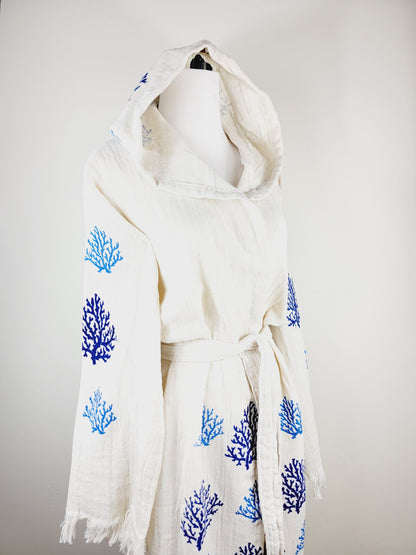 Muslin Kimono Robe, Soft and Cozy, Organic Cotton Muslin Kaftan Blue Reef Motif