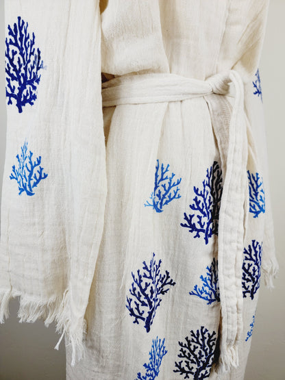 Muslin Kimono Robe, Soft and Cozy, Organic Cotton Muslin Kaftan Blue Reef Motif